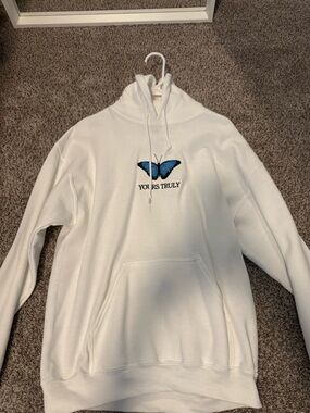 White Hoodie with Blue Butterfly "YOURS TRULY" Embroidery